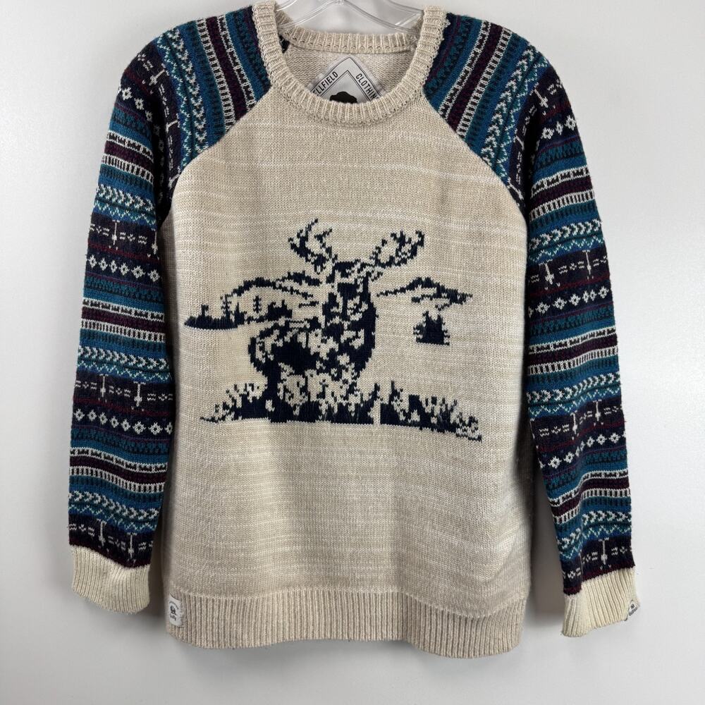 Bellfield Knit Buck Deer Pullover Sweater Cream Elk Women’s Size 8 XS Mountains